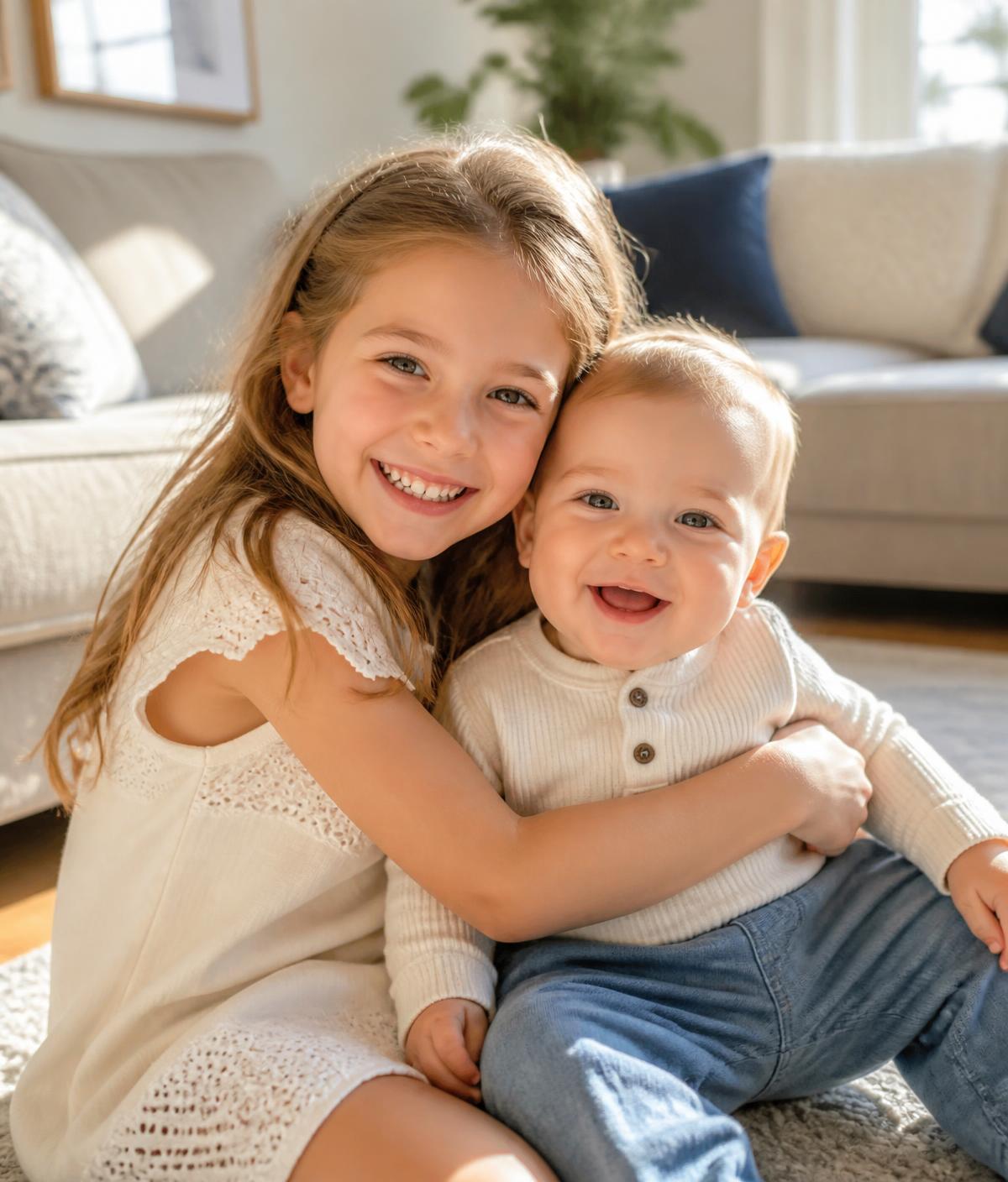 A big sister holding her younger brother